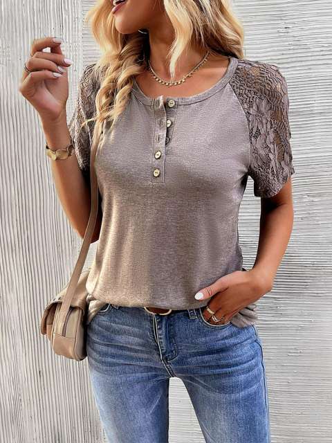 Casual Buttons Crewneck Lace Short Sleeve T Shirts