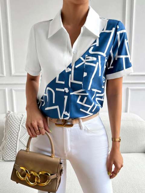 Letter Pattern Two Tone Button Front Shirt