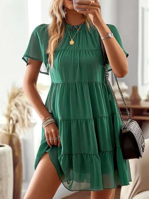 Flounce Sleeve Tiered Ruched Dress