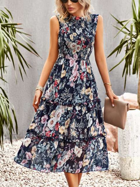 Sleeveless Ruched Bust Tiered Floral Dress
