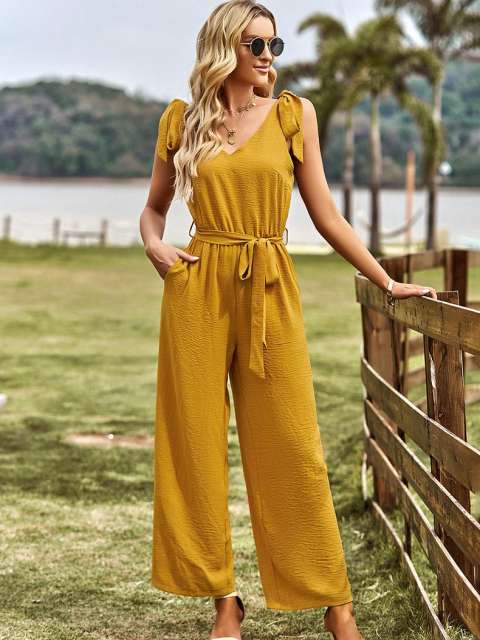 Solid Belted Wide Leg Cami Jumpsuit