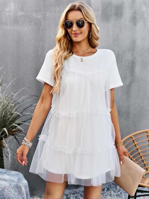 Round Neck Solid Tulle Tiered Ruffle Dress