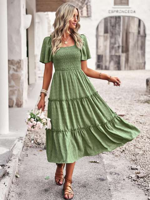 Solid High Waist Tiered Ruched Ruffle Dress