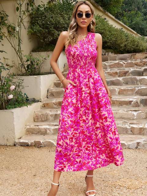 Floral One-Shoulder Tiered Ruffle Midi Dress