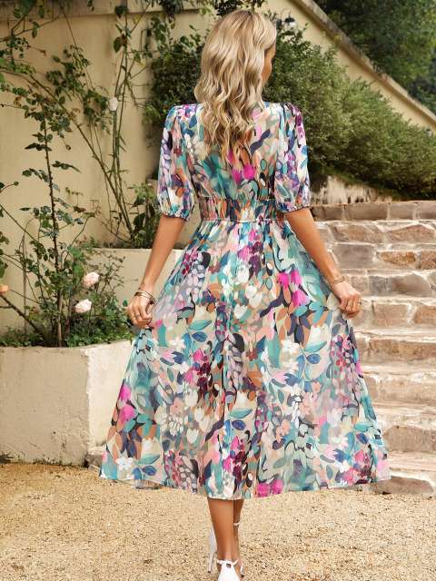 V-Neck Puff Sleeve Abstract Print Belted Maxi Dress