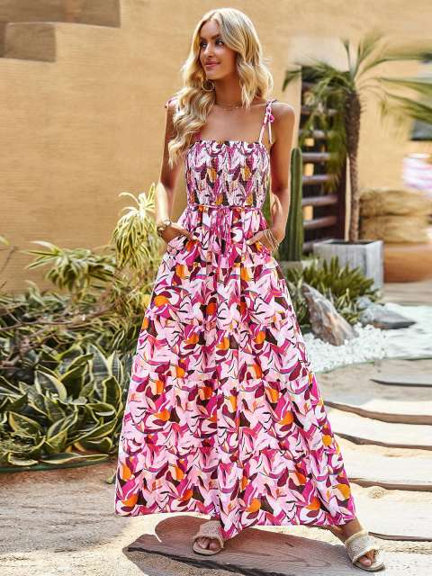 Floral Print Sleeveless Tie Cami Maxi Dress
