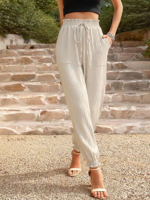 High Waisted Drawstring Cotton Linen Bunched Trouser with Pockets