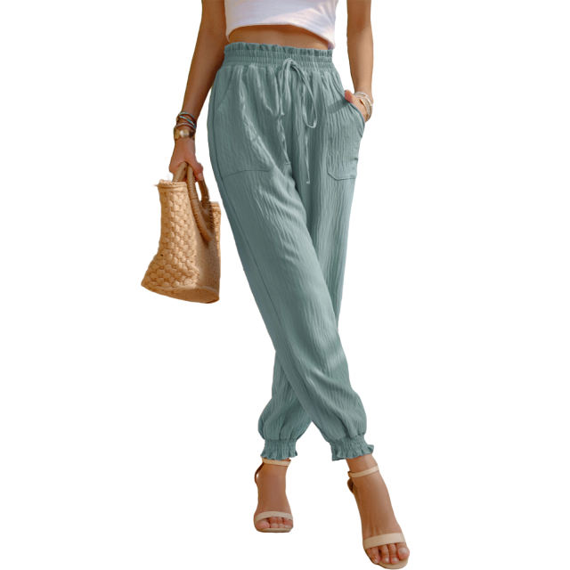 High Waisted Drawstring Cotton Linen Bunched Trouser with Pockets