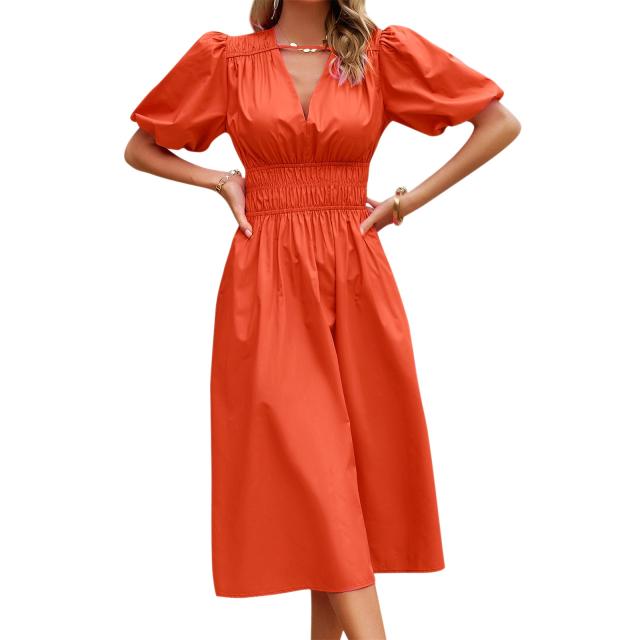 Puff Short Sleeve V-Neck Waist-Skimming Solid Color Midi Dress