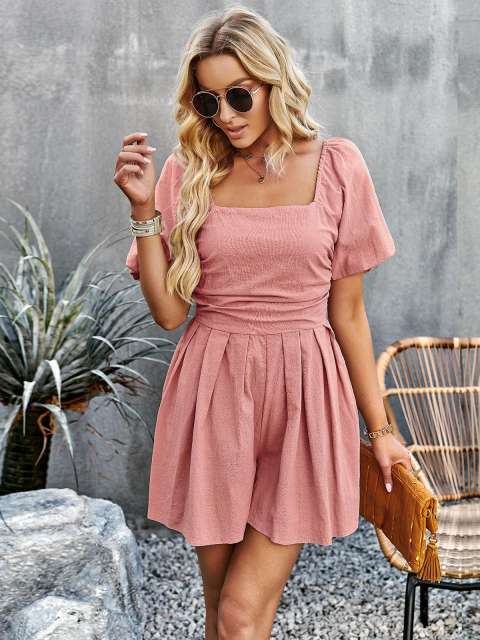 Square Neck Ruched Puff Sleeve Short Romper