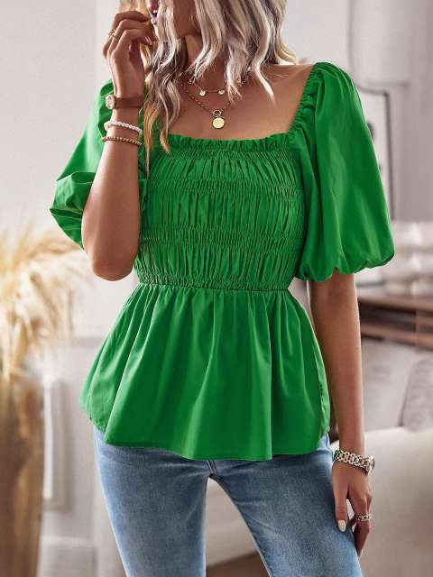 Puff-Sleeve French Square Neck Smocked Blouse Top