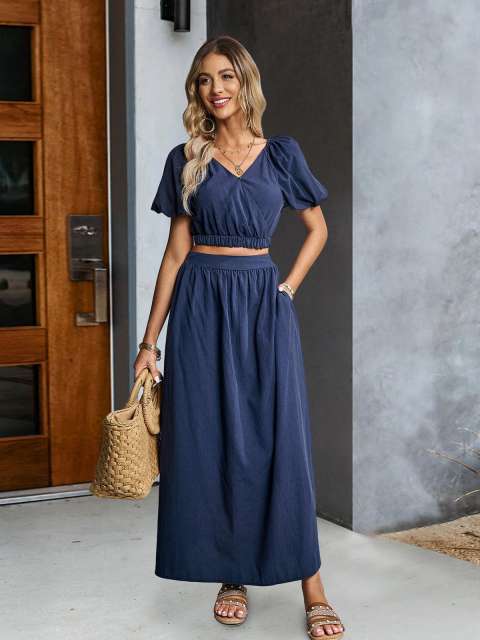 Solid V Neck Puff Sleeve Crop Top and Maxi Skirt Set