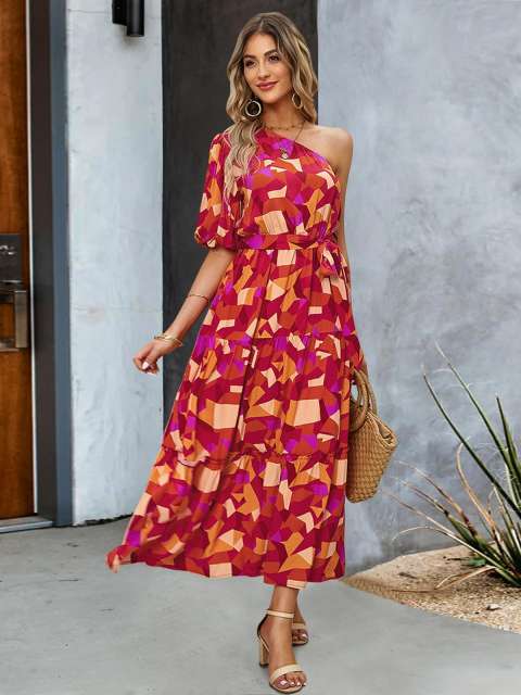 One-Shoulder Puff Sleeve Belted Tiered Dress