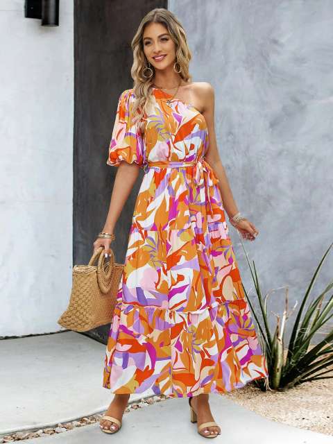 One-Shoulder Puff Sleeve Belted Tiered Dress