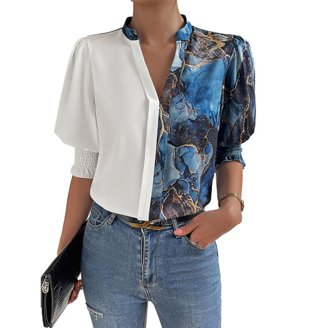 Print Notched Neckline Puff Sleeve Blouse Tops