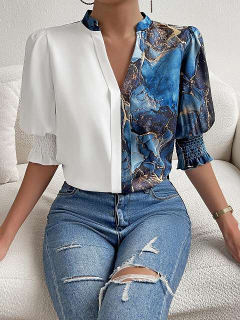 Print Notched Neckline Puff Sleeve Blouse Tops