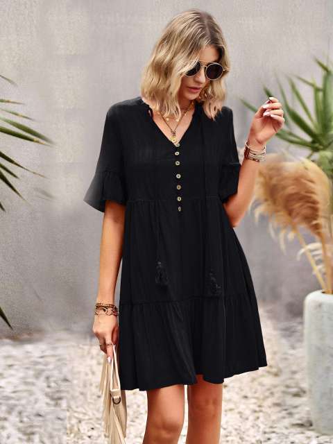 Solid V Neck Puff Sleeved Loose Mini Dress
