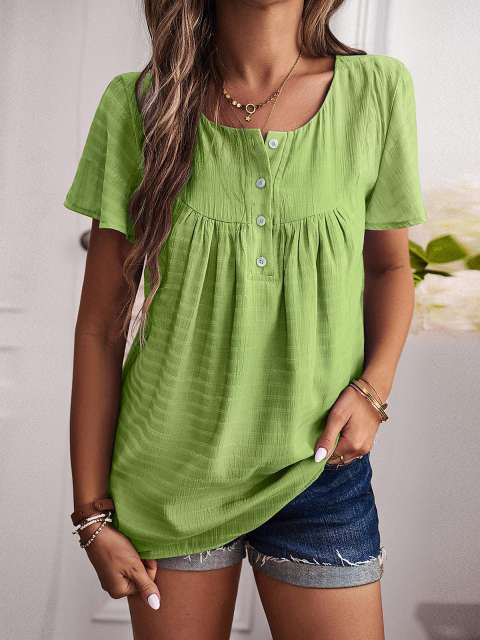 Scoop Neck Button Up Short-Sleeve Loose Tees