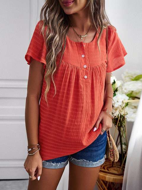 Scoop Neck Button Up Short-Sleeve Loose Tees