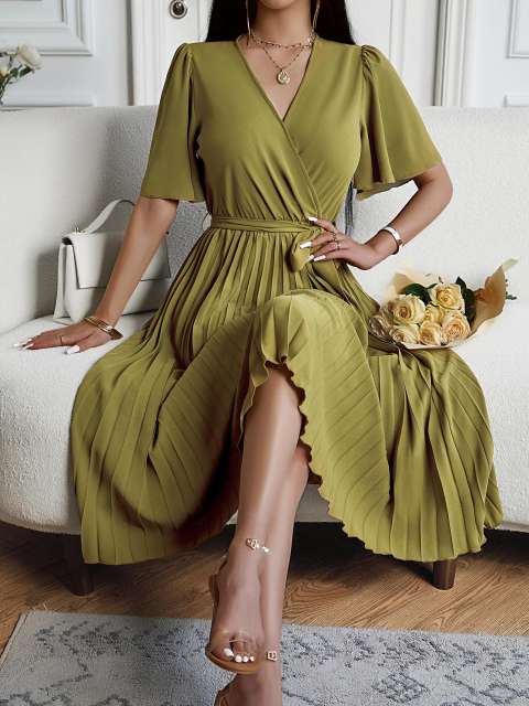 Crossover V-Neck Tie Belted Waist A-Line Pleated Midi Dress