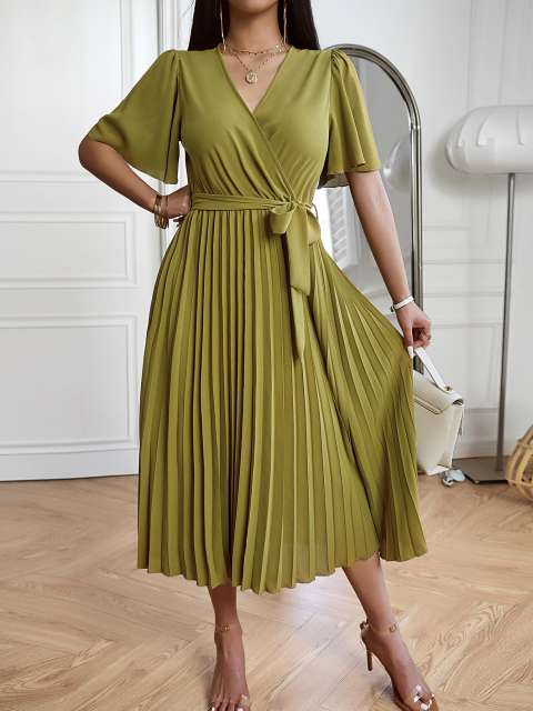 Crossover V-Neck Tie Belted Waist A-Line Pleated Midi Dress