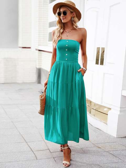 Solid Strapless Tube Tiered Smocked Maxi Dress