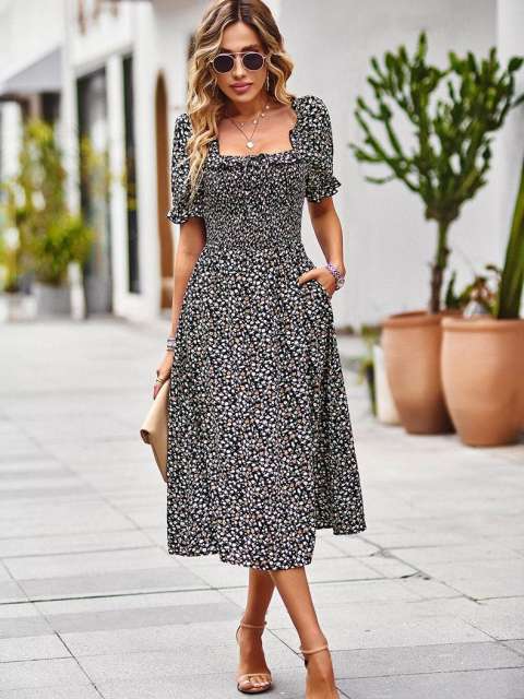 Square Neck Lantern Sleeve Floral Ruffle Dress With Pockets