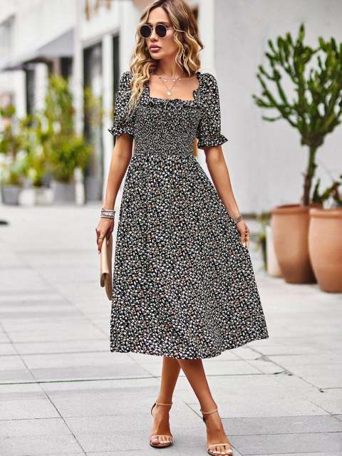 Square Neck Lantern Sleeve Floral Ruffle Dress With Pockets