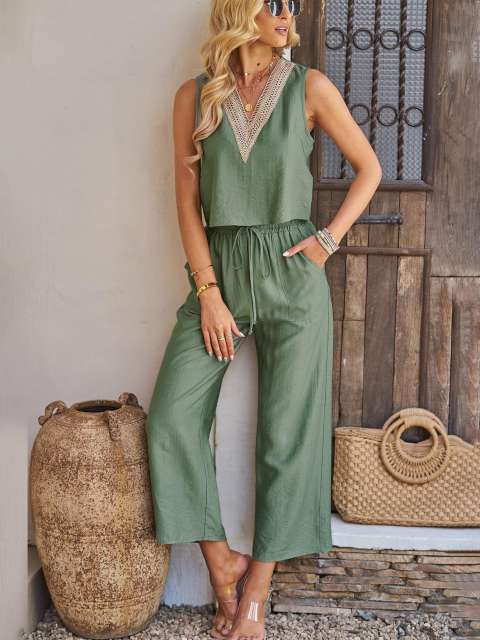 V Neck Sleeveless Crop Tank Top and Wide Leg Pants Set