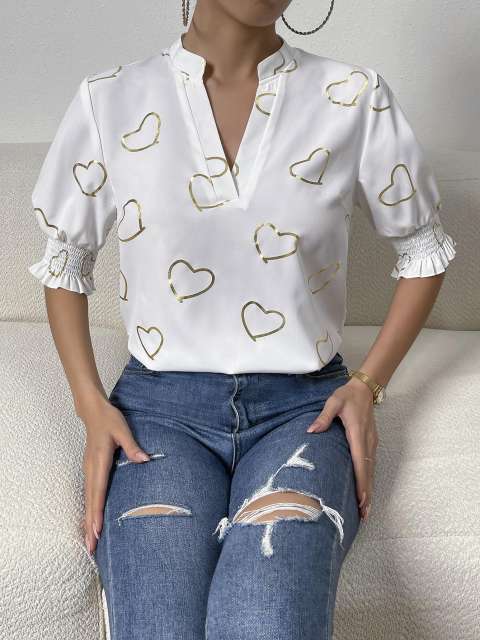 Gold Heart Print V Neck Shirt Top
