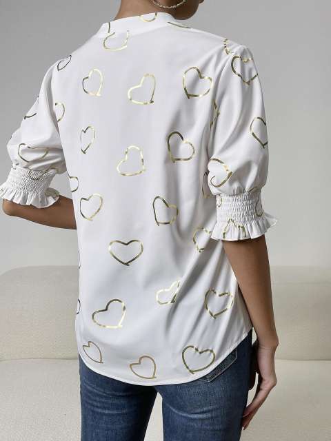 Gold Heart Print V Neck Shirt Top