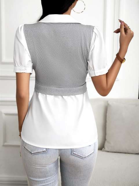 Colorblock Contrast Polo Collar 2 In 1 Blouse Top