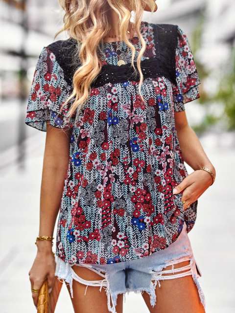 Floral Lace Splicing Ruffle Sleeve T-Shirts Top