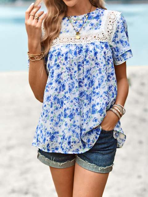 Floral Lace Splicing Ruffle Sleeve T-Shirts Top