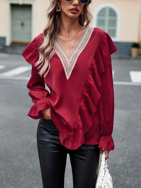 V-Neck Petal Sleeve Collage Pullover Shirt