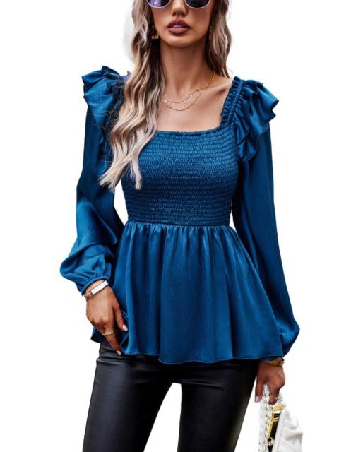 Ruched Bust Slim Ruffle Trim Satin Blouse
