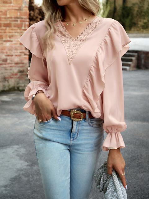 V-Neck Petal Sleeve Collage Pullover Shirt