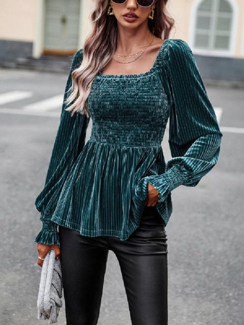 Ruched Bust Lantern Sleeve Velvet Peplum Blouse