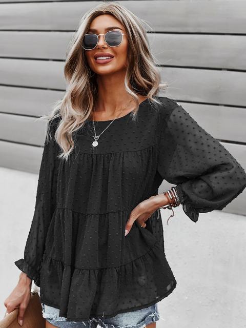 Round Neck Clip Dot Tiered Ruffle Long Sleeve Blouse