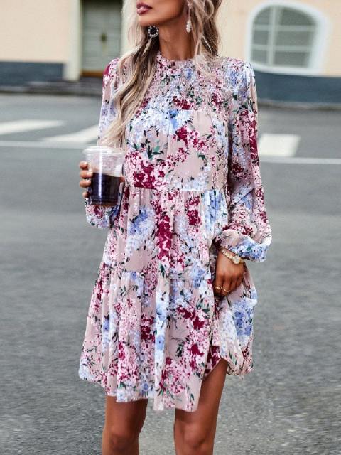 Petals Print Puff Sleeves Ruffle Dress