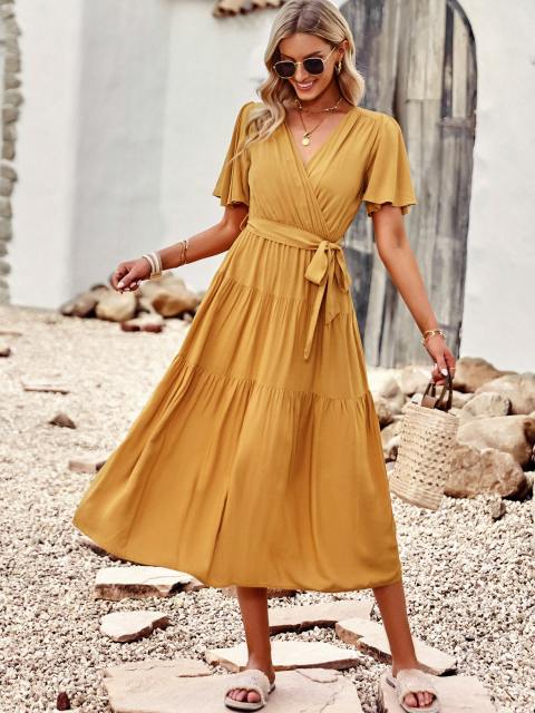 V Neck Wrap Belted Tiered Ruffle Maxi Dress