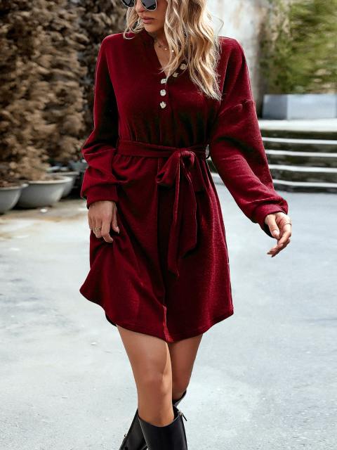 Button Down V-Neck Belted Mini Dress