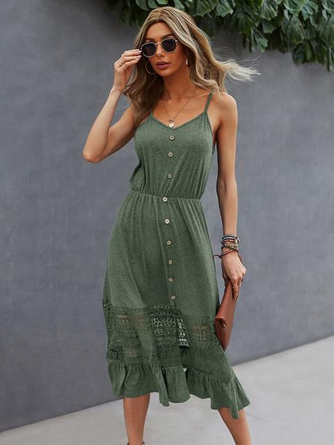 Boho Contrast Lace Ruffle Hem Cami Midi Dress