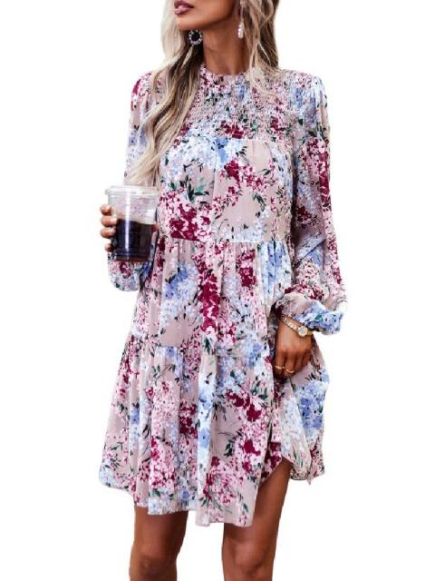 Petals Print Puff Sleeves Ruffle Dress