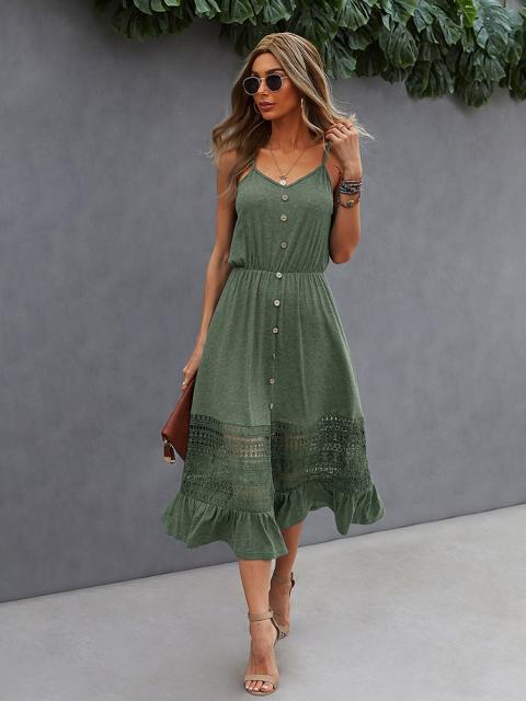 Boho Contrast Lace Ruffle Hem Cami Midi Dress