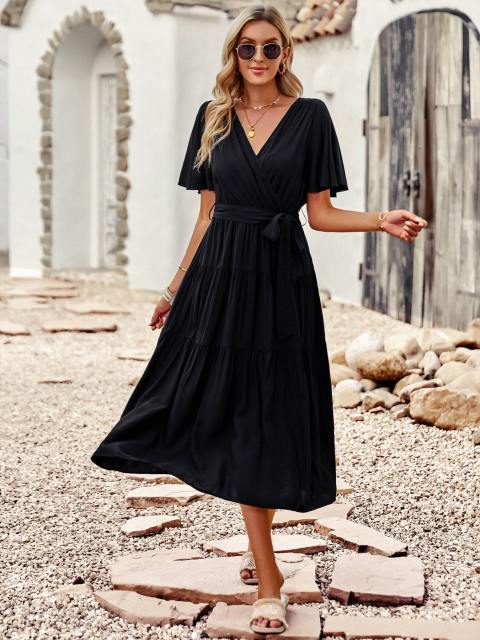 V Neck Wrap Belted Tiered Ruffle Maxi Dress