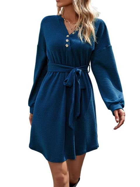 Button Down V-Neck Belted Mini Dress