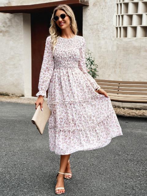 Printed Bubble Sleeve Layered Midi Dress