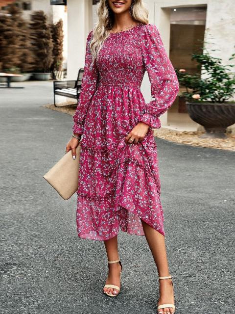 Printed Bubble Sleeve Layered Midi Dress