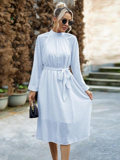 Solid Color Belted White Dot Dress